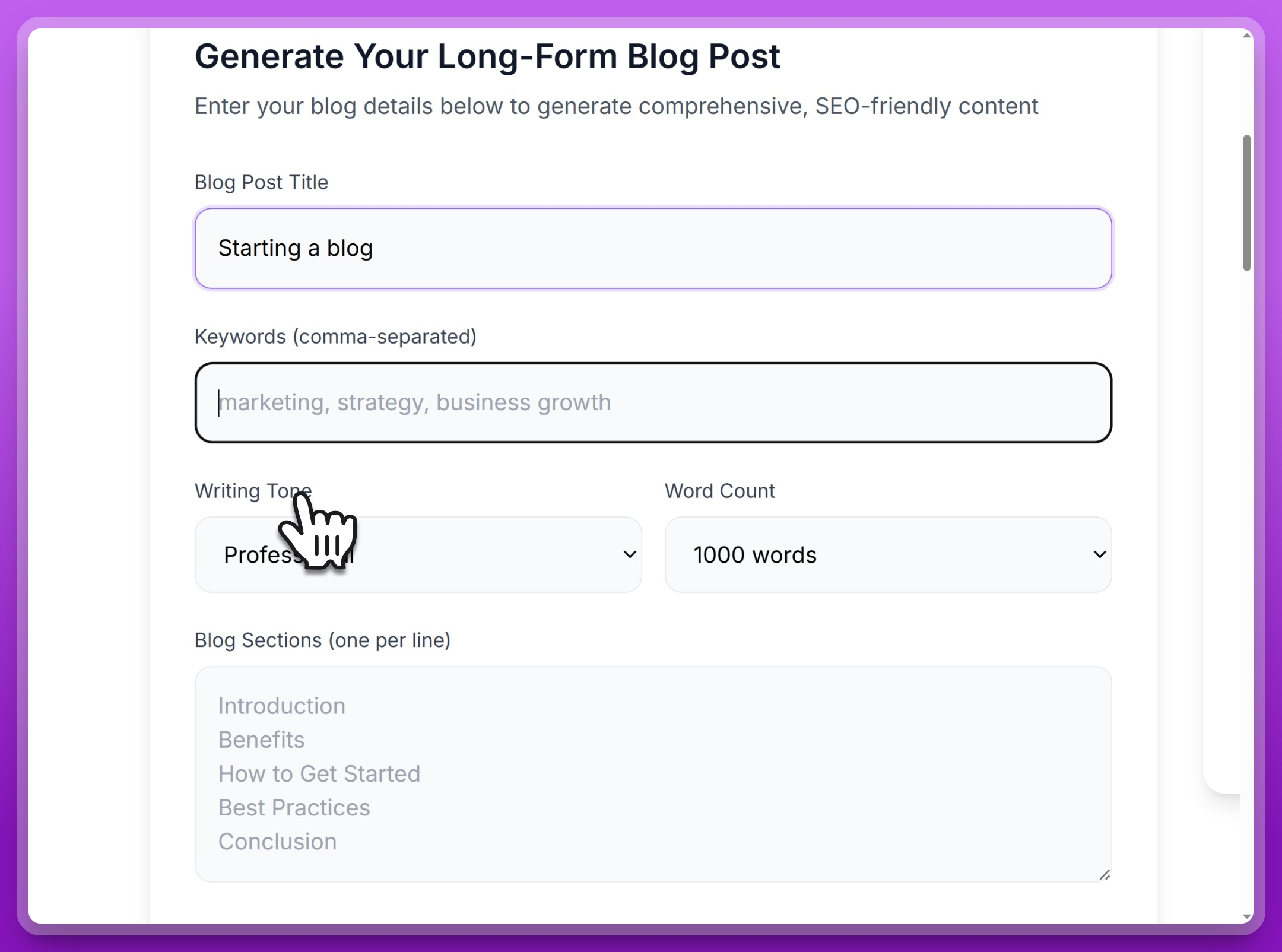 Step 2: Add relevant keywords and focus topics for SEO optimization in the blog generator